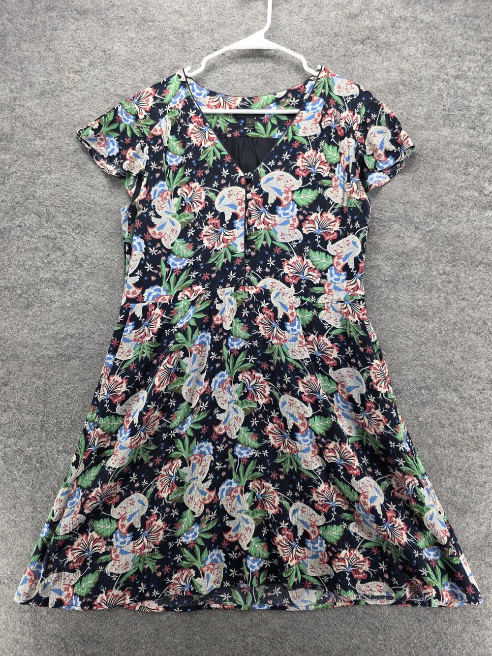 J Crew Dress Womens Size 6 Black Floral Short Sleeve Viscose Boho Zip Casual